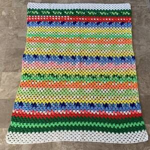 Vintage Handmade Afghan Throw Blanket Rainbow Stripes Baby Kids 46 x 54 inches